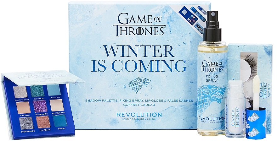 Zestaw - Makeup Revolution X Game Of Thrones Winter Is Coming Set (palette/7,2g + spray/100ml + lip/gloss/5ml + lashes/2pcs) — Zdjęcie N1