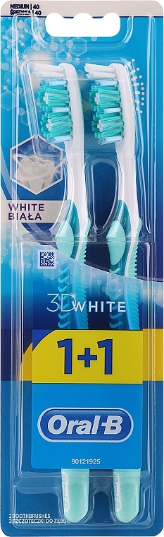 Zestaw szczoteczek do zębów, 40 średnio twardych, turkusowo-niebieskich - Oral-B 3D White 40 Medium 1+1 — Zdjęcie N1