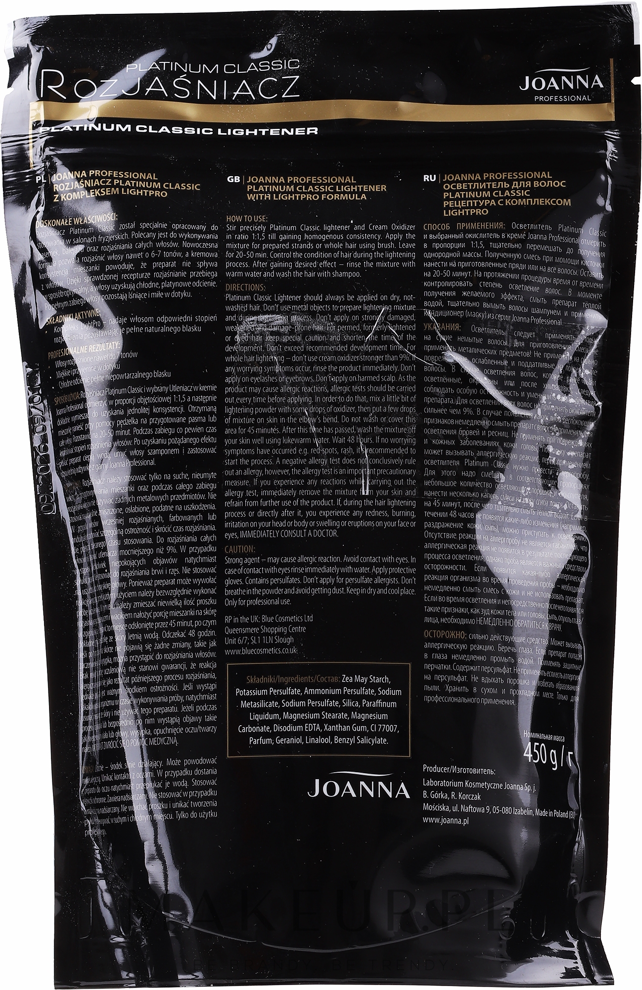 PRZECENA! Bezpyłowy rozjaśniacz do włosów - Joanna Professional Platinum Classic Lightener (sashet) * — Zdjęcie 450 g