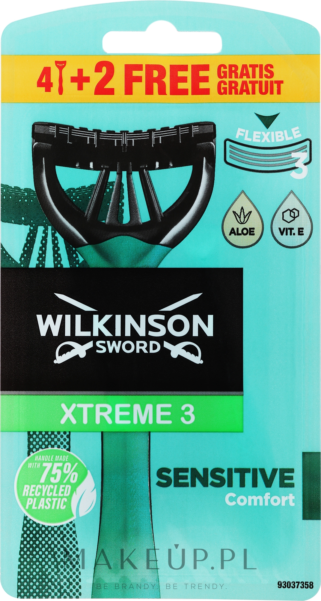 Jednorazowe maszynki do golenia, 4+2 szt. - Wilkinson Sword Xtreme 3 Sensitive — Zdjęcie 6 szt.