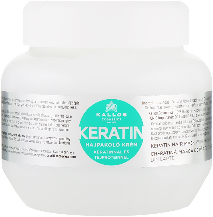 Kallos Cosmetics Keratin Hair Mask - Keratynowa maska do włosów z proteinami mleka i keratyny do włosów suchych i łamiących się