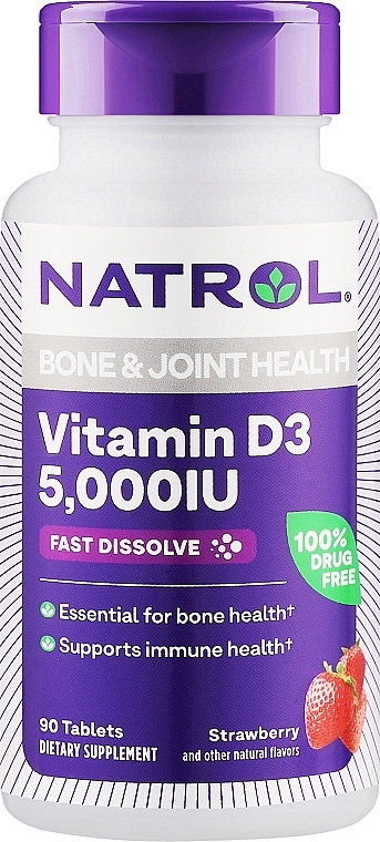 Witamina D3, 5000 IU, truskawkowy smak - Natrol Vitamin D3 Bone & Joint Health — Zdjęcie N1