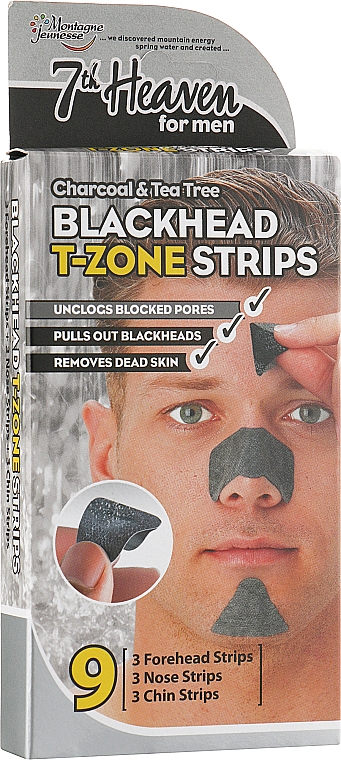Plastry oczyszczające do strefy T - 7th Heaven Men's Blackhead T-Zone Strips Charcoal & Tea Tree — Zdjęcie N1