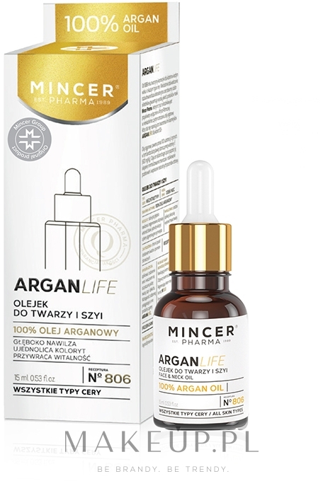 100% olej arganowy do twarzy, szyi i dekoltu 50+ - Mincer Pharma Argan Life N°806 — Zdjęcie 15 ml