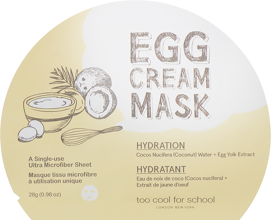 Nawilżająca maseczka w płachcie do twarzy Woda kokosowa i żółtko jajka - Too Cool For School Egg Cream Mask Hydration