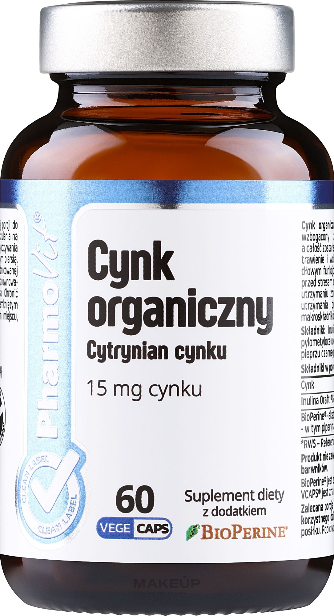 Suplement diety Cynk organiczny 15 mg - Pharmovit Clean label Zinc 15 mg — Zdjęcie 60 szt.