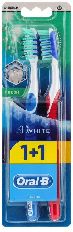 Zestaw szczoteczek do zębów (40 średnia twardość, niebieska + czerwona) - Oral-B 3D White Fresh 40 Medium 1+1 — Zdjęcie N1