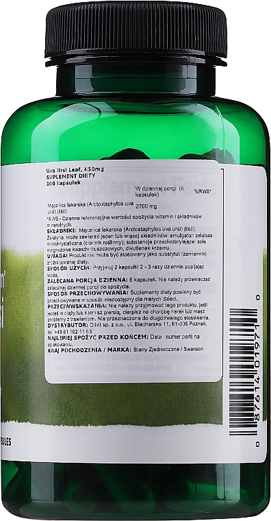 Suplement diety Mącznica lekarska, 450 mg	 - Swanson Uva Ursi Leaf 450 mg — Zdjęcie N2