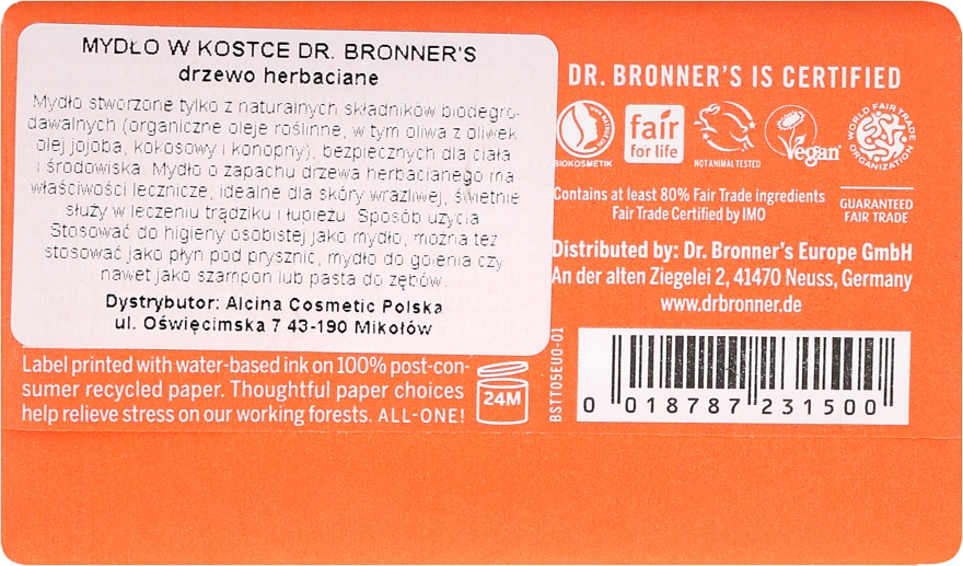 Mydło w kostce Drzewo herbaciane - Dr Bronner’s Pure Castile Bar Soap Tea Tree — Zdjęcie N2