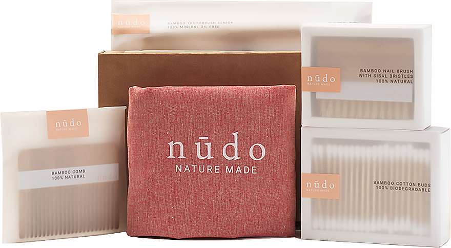 Zestaw - Nudo Nature Made Bamboo Essentials (cotton buds 200 pcs + h/brush + n/brush + toothbrush + bag) — Zdjęcie N1