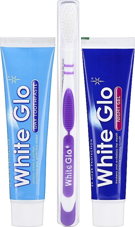 Zestaw do czyszczenia zębów z fioletową szczoteczką - White Glo Night & Day Toothpaste (t/paste/65ml + t/gel/65ml + toothbrush) — Zdjęcie N2
