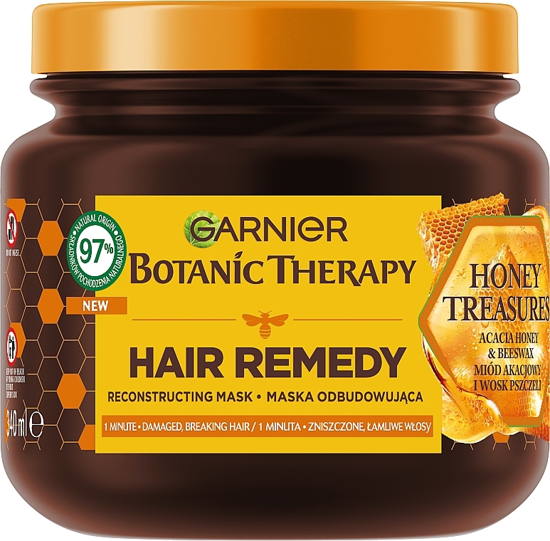 Odbudowująca maska do zniszczonych i łamliwych włosów z miodem akacjowym i woskiem pszczelim - Garnier Botanic Therapy Hair Remedy Honey Treasures Reconstructing Mask