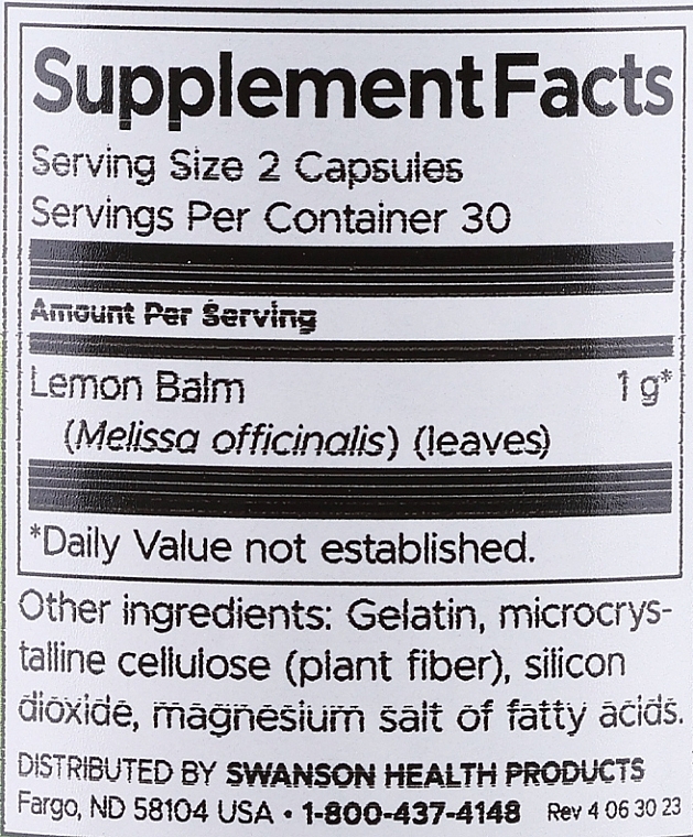 Suplement diety Melisa, 500 mg	 - Swanson Full Spectrum Lemon Balm — Zdjęcie N3