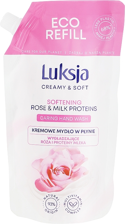 Kremowe mydło do mycia rąk Róża i proteiny mleka - Luksja Creamy & Soft Softening Rose & Milk Proteins Caring Hand Wash 68 % Less Plastic (wymienny wkład)
