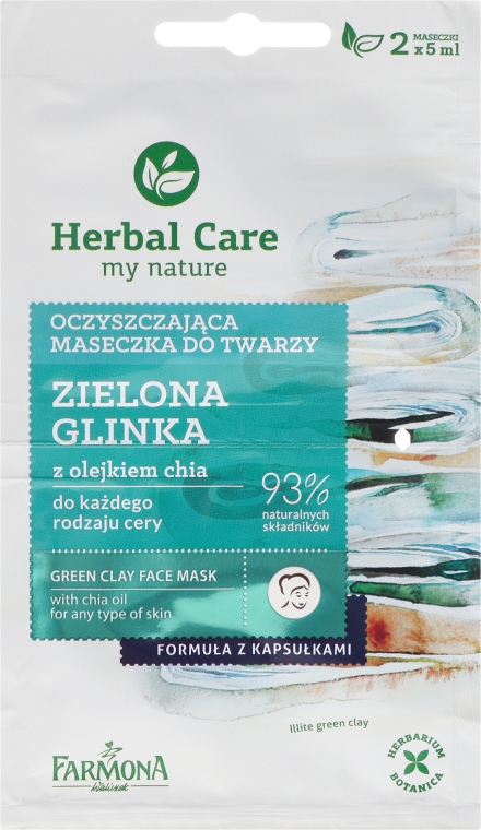 Oczyszczająca maseczka do twarzy Zielona glinka z olejkiem chia - Farmona Herbal Care — Zdjęcie N1