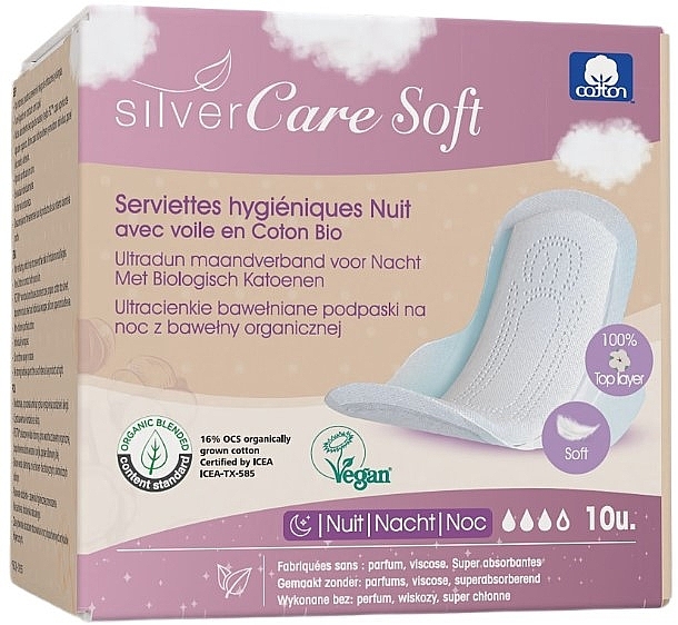 Ultracienkie bawełniane podpaski na noc z miękkimi skrzydełkami, 10 szt. - Masmi Silver Care Soft — Zdjęcie N1