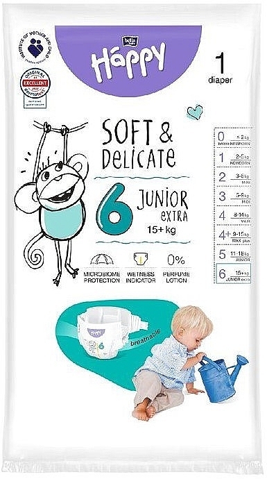 Pieluchy dziecięce 15+ kg, rozmiar 6 Junior Extra, 1 sztuka - Bella Baby Happy Soft & Delicate — Zdjęcie N1