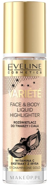 Rozświetlacz do twarzy i ciała z witaminą c i ekstraktem z irysa - Eveline Cosmetics Variete Face & Body Liquid Highlighter — Zdjęcie 01 - Champagne Gold