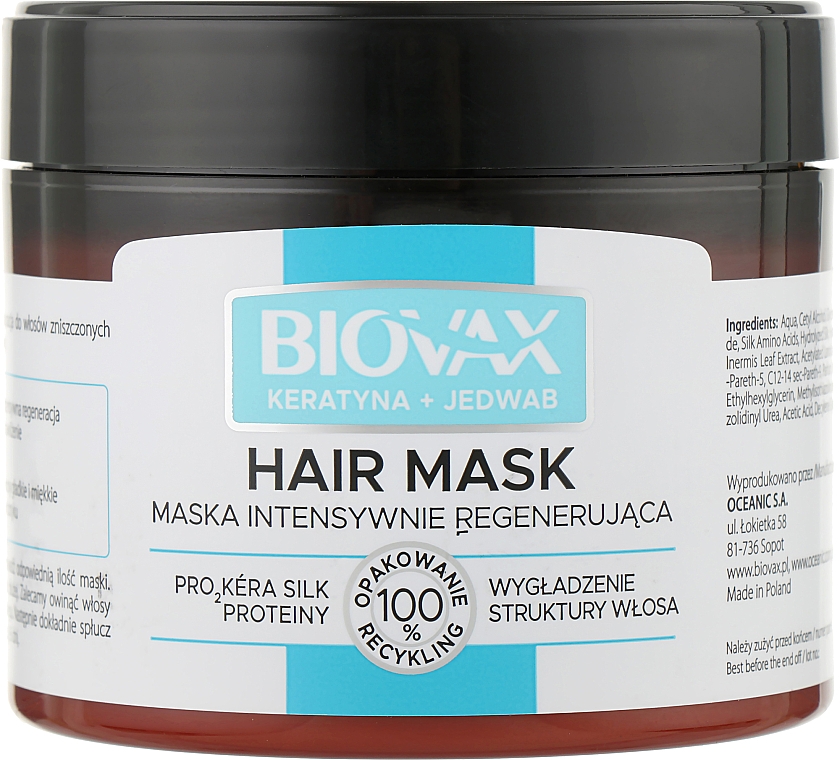 Maska intensywnie regenerująca i wygładzająca strukturę włosa - Biovax Keratin + Silk Hair Mask