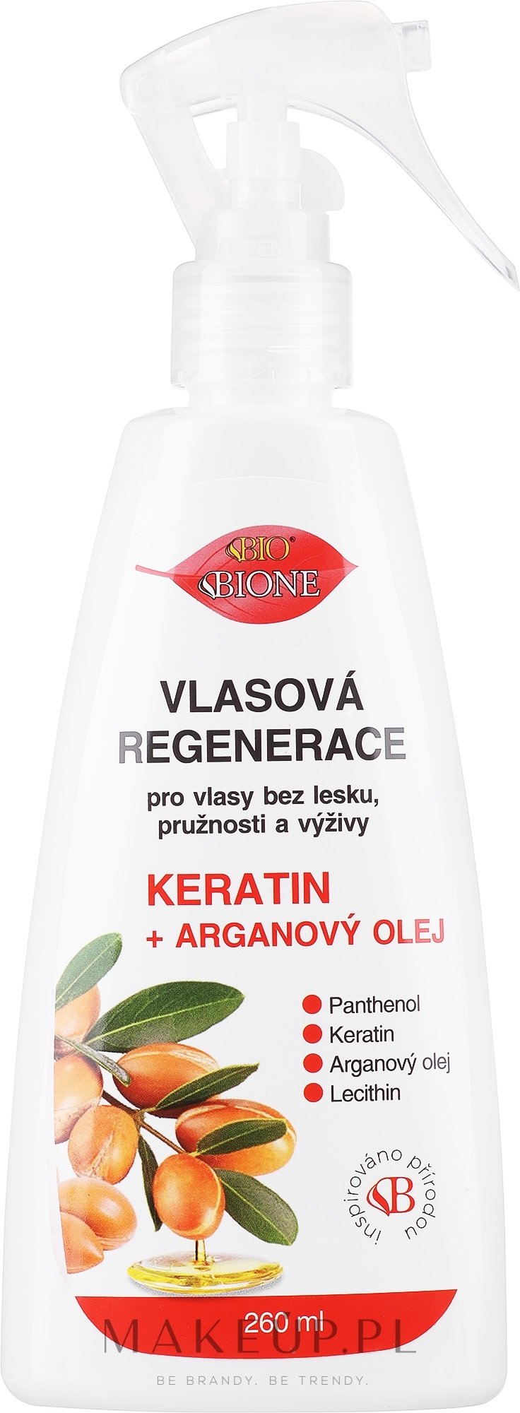 Keratynowy spray regenerujący do włosów - Bione Cosmetics Keratin + Argan Oil Hair Regeneration With Panthenol — Zdjęcie 260 ml