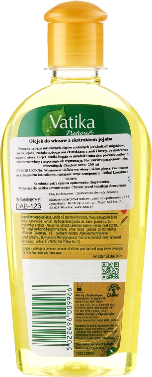Regenerujący olejek z olejem jojoba do włosów zniszczonych - Dabur Vatika Jojoba Enriched Hair Oil Repairs Hair Damage — Zdjęcie N2