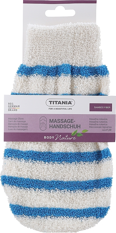 Rękawica do masażu dwukolorowa, biała z niebieskimi paskami - Titania — Zdjęcie N1
