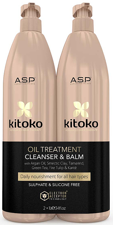 Zestaw - Affinage Salon Professional Kitoko Oil Treatment Cleanser & Balm Litre Duo (h/sham/1000ml + h/balm1000ml) — Zdjęcie N1