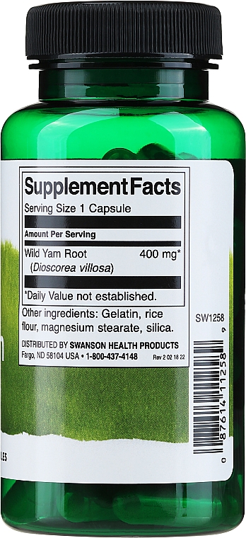 Suplement diety Korzeń pochrzynu włochatego, 400 mg, 60 kapsułek - Swanson Full Spectrum Wild Yam — Zdjęcie N2