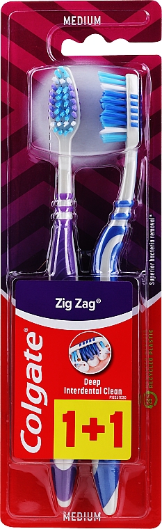 Szczoteczki do zębów, średnia twardość, fioletowa + granatowa - Colgate Zig Zag Plus Medium — Zdjęcie N1