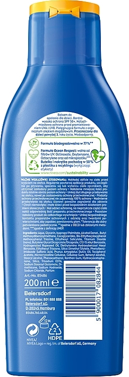 Balsam do opalania dla dzieci z organicznym olejkiem migdałowym - NIVEA SUN Kids Protect & Care SPF 50 — Zdjęcie N2
