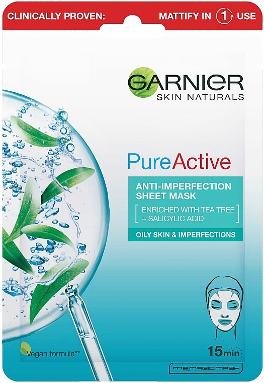 Maseczka w płachcie do twarzy przeciw niedoskonałościom - Garnier Skin Naturals Pure Active Anti-Impeffection Sheet Mask
