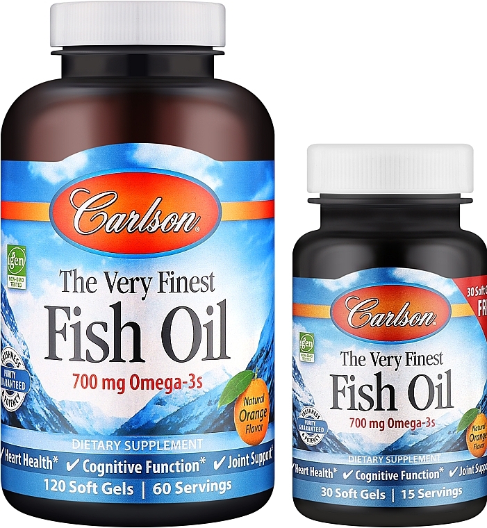 Zestaw olej rybny o zapachu pomarańczy - Carlson Labs The Very Finest Fish Oil (cap/120szt + cap/30szt) — Zdjęcie N1