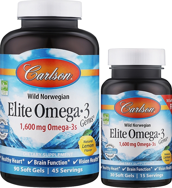 Zestaw suplementów z kwasem Omega-3 - Carlson Labs Elite Omega-3 (gel 90 caps + gel 30 caps) — Zdjęcie N1