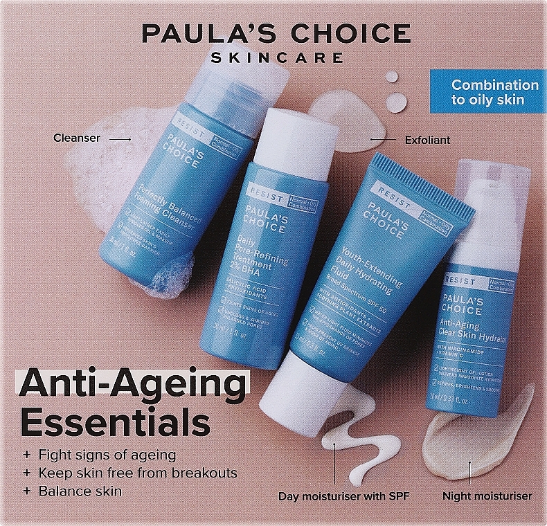 Zestaw - Paula's Choice Anti-Aging Essentials Combination To Oily Skin Set (f/gel/30ml + f/fluid/15ml + f/tonic/30ml + f/cr/10ml) — Zdjęcie N1