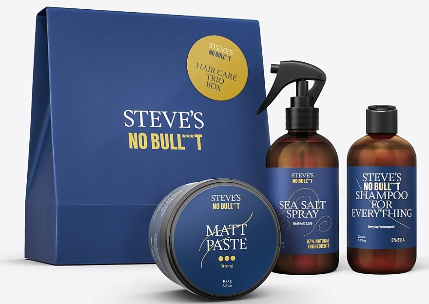 Zestaw - Steve?s No Bull***t Hair Care Trio Box (shmp/250ml + h/spray/250ml + h/paste/100ml) — Zdjęcie N1