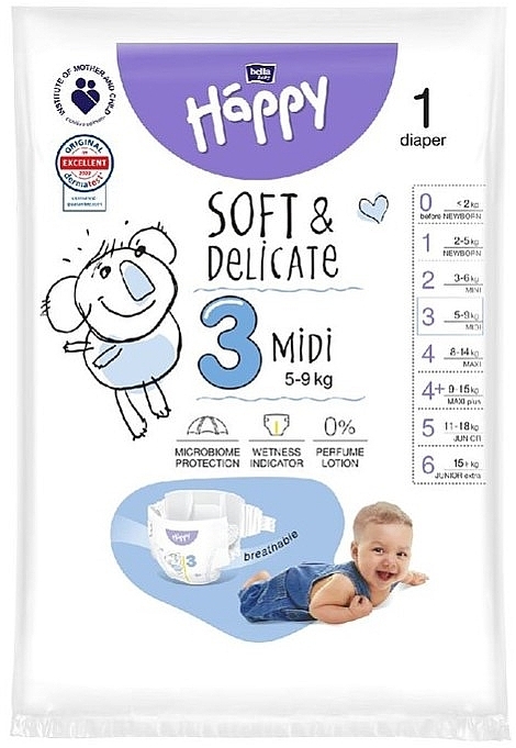 Pieluchy dziecięce 5-9 kg, rozmiar 3 Midi, 1 sztuka - Bella Baby Happy Soft & Delicate — Zdjęcie N1