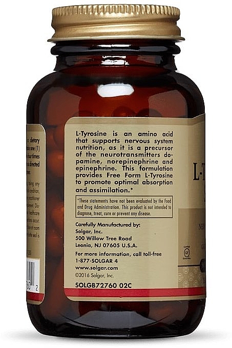 Aminokwas L-tyrozyna w kapsułkach, 500 mg - Solgar L-Tyrosine — Zdjęcie N3