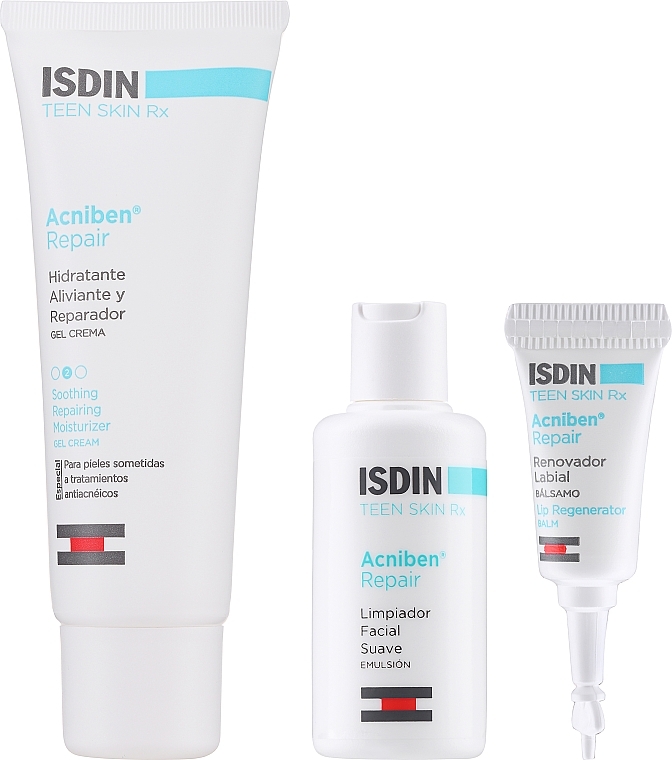 Zestaw - Isdin Acniben Repair (lip/balm/2ml + gel/cr/40ml + cl/emulsion/15ml) — Zdjęcie N2