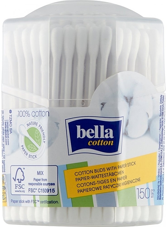 Waciki bawełniane na bazie papieru w sześciokątnym opakowaniu, 150 sztuk - Bella Cotton Buds With Paper Stick — Zdjęcie N1