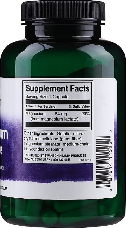 Suplement diety Mleczan magnezu, 84 mg, 120 szt. - Swanson Magnesium Lactate — Zdjęcie N2