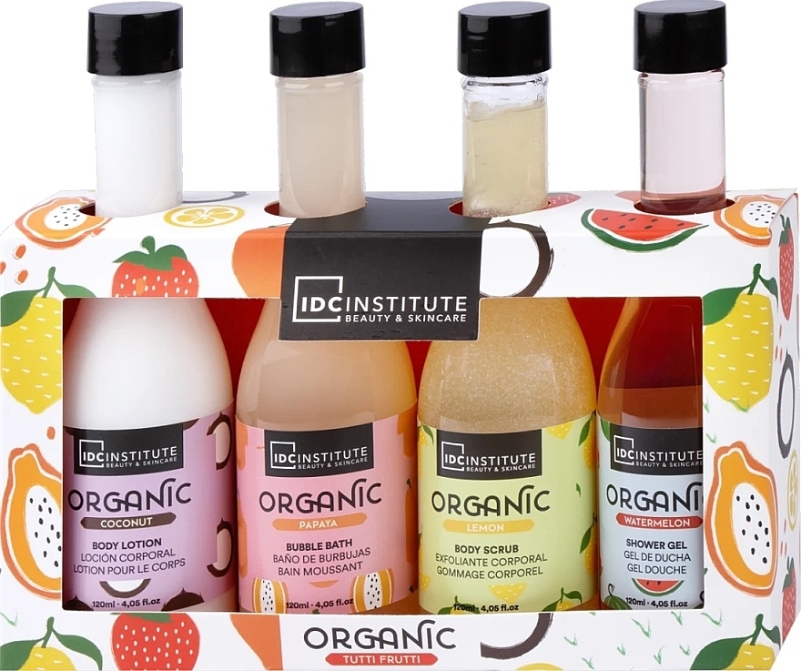 Zestaw - IDC Institute Organic 4 Bottle Gif Set (b/lot/120ml + b/bath/120ml + b/scr/120ml + sh/gel/120ml) — Zdjęcie N1