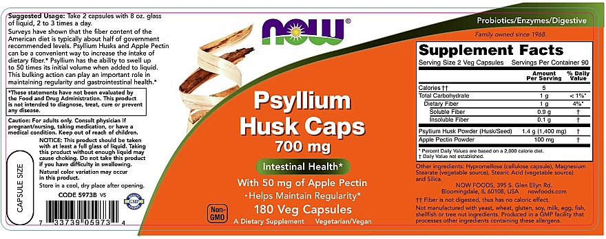 Łuski nasion babki płesznik w kapsułkach, 700 mg - Now Foods Psyllium Husk Caps — Zdjęcie N2