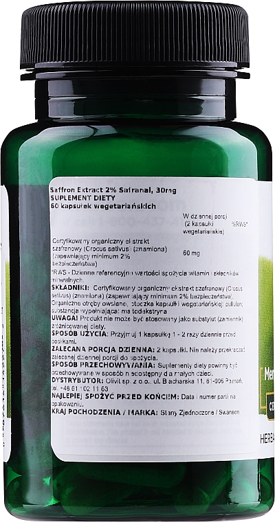 Suplement diety Ekstrakt z szafranu 30 mg, 60 szt. - Swanson Saffron Extract — Zdjęcie N2