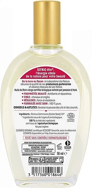 Olej rycynowy do włosów, brwi i rzęs - So'Bio Etic Organic Castor Bean Oil — Zdjęcie N2
