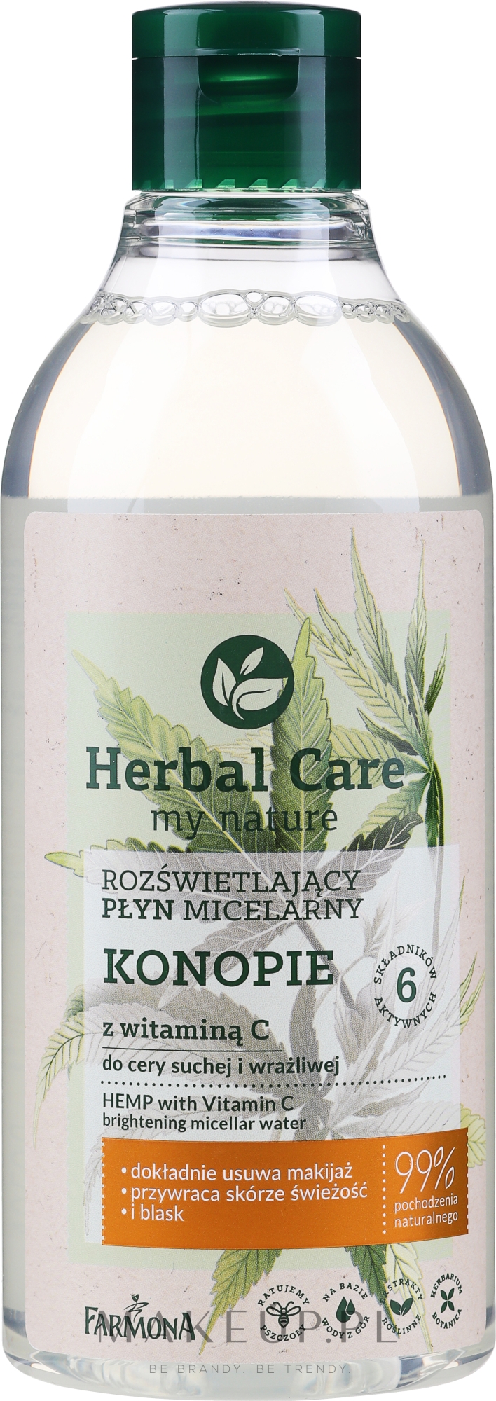 Rozświetlający płyn micelarny do cery bardzo suchej Konopie z witaminą C - Farmona Herbal Care — Zdjęcie 400 ml