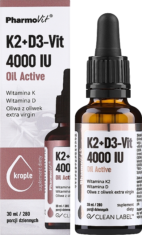 Suplement diety w olejku Witamina K2 + D3 - Pharmovit Clean Label K2 + D3-Vit 4000 IU Oil Active — Zdjęcie N2