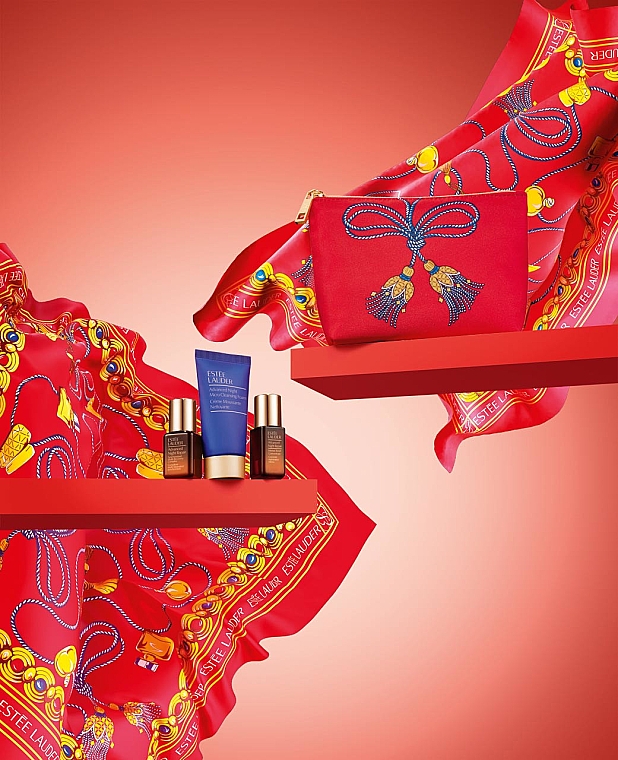 PREZENT! Czerwona wzorzysta kosmetyczka z trzema miniaturami kosmetyków - Estee Lauder (foam/30ml + serum/7ml + conc/5ml + bag) — Zdjęcie N1