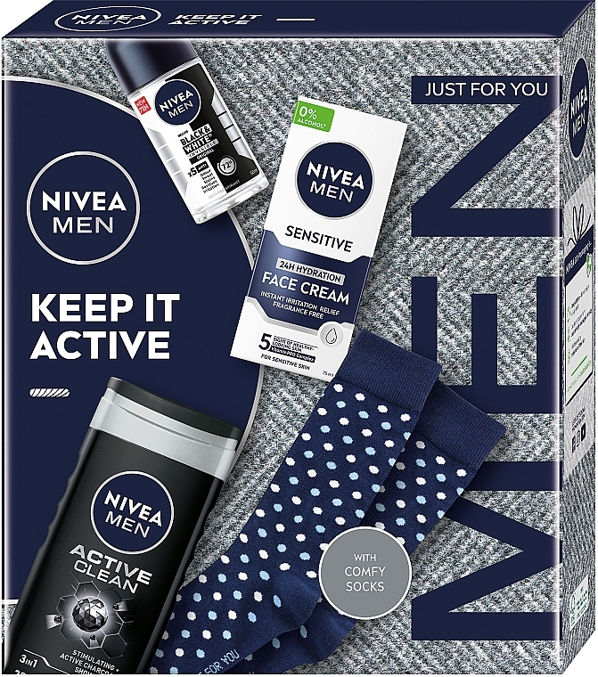 Zestaw - NIVEA MEN Keep It Active 2024 (f/cr/75ml + deo/50ml + sh/gel/250ml + socks/2pcs) — Zdjęcie N1