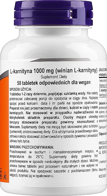 Kapsułki L-karnityna, 1000 mg - Now Foods L-Carnitine — Zdjęcie N2
