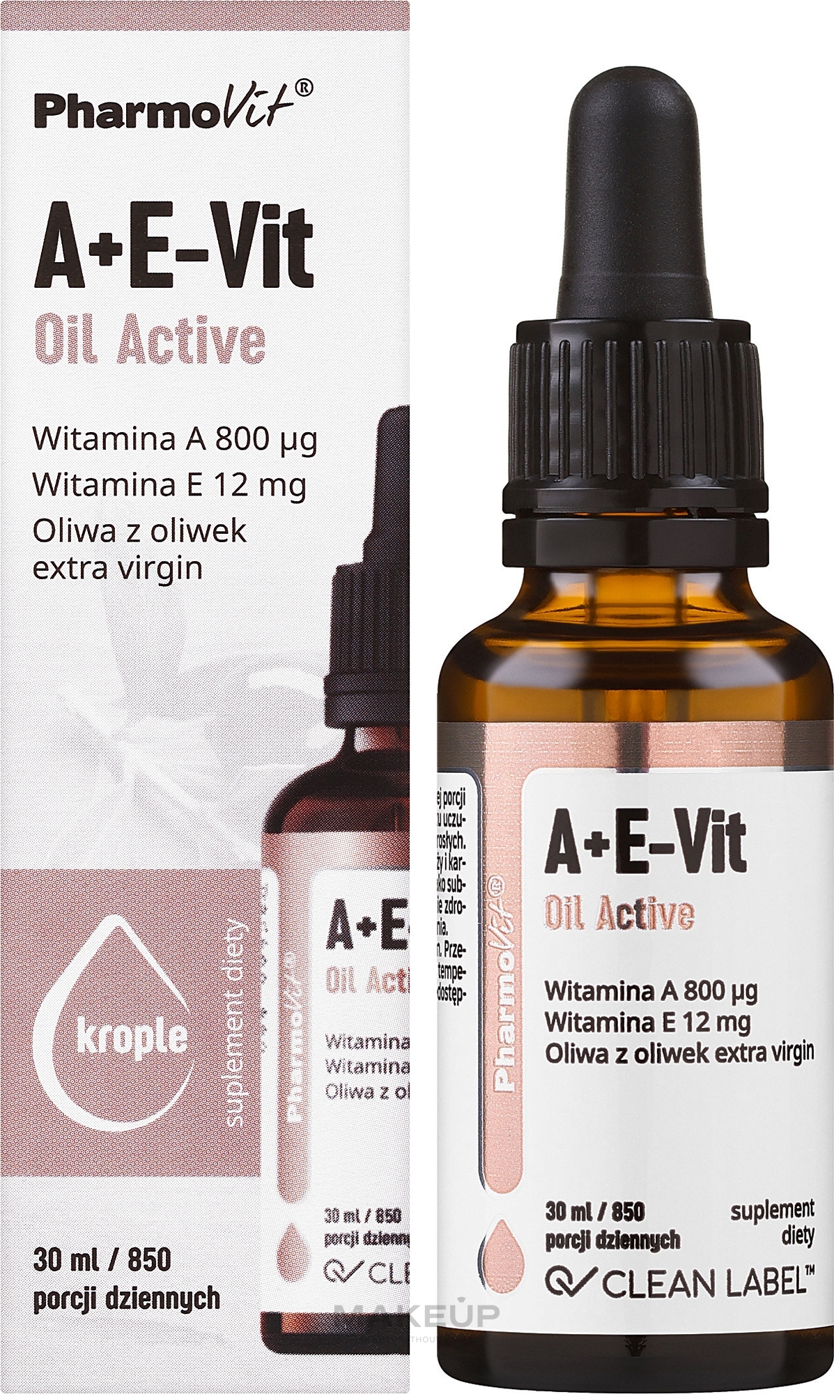Witaminy A + E-Vit w kroplach - Pharmovit Clean Label A+E-Vit Oil Active — Zdjęcie 30 ml